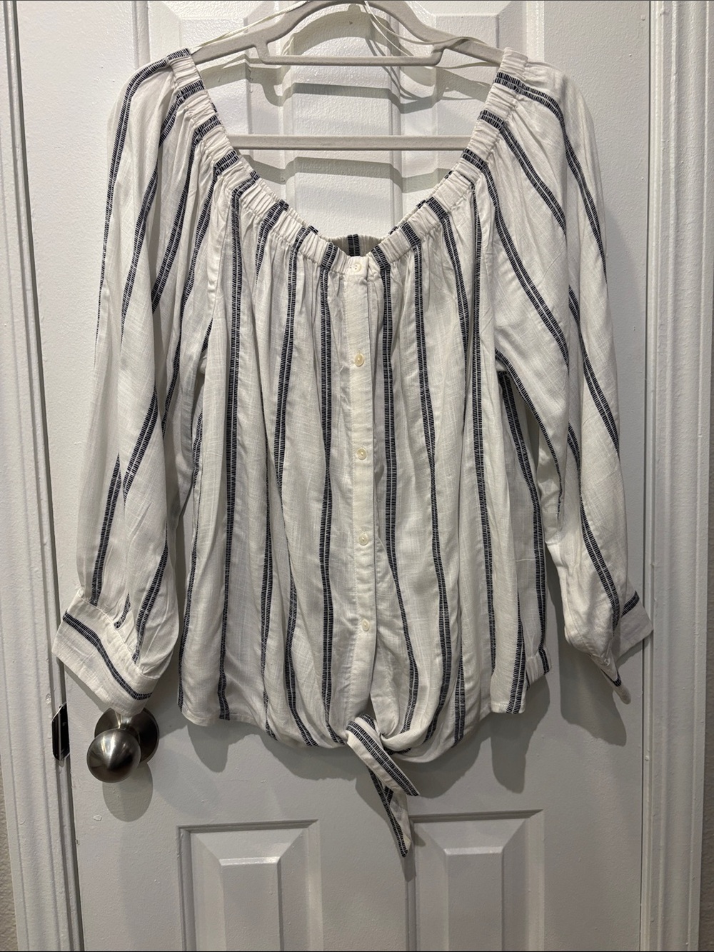 Sanctuary White Blouse with Navy Vertical Stripes